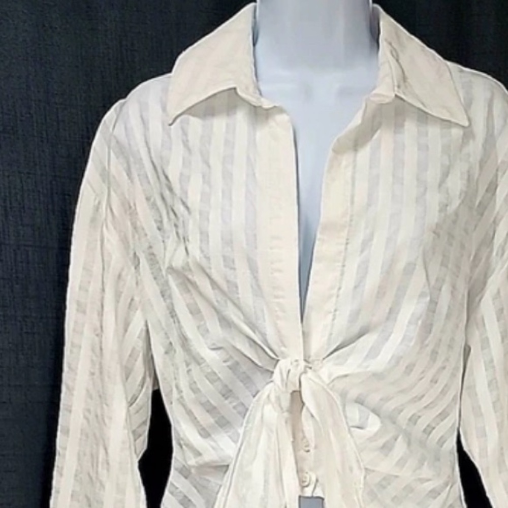 ZARA Top Blouse Long Sleeve White Ecru Cream Cotton Size Medium - Picture 6 of 13